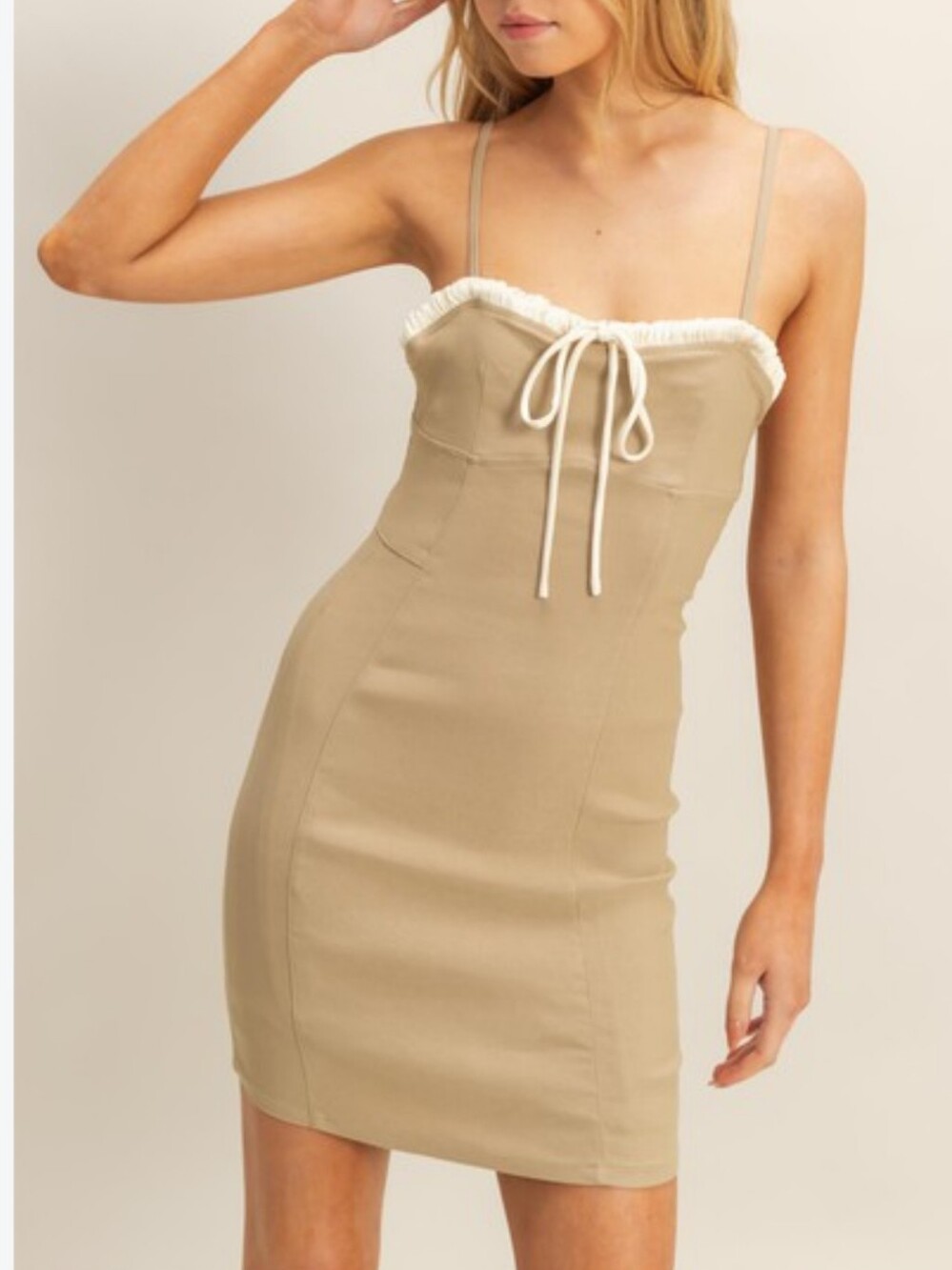 HYFVE Tan Tie-Front Mini Dress w/ Cream ruffle trim size M like new without tags